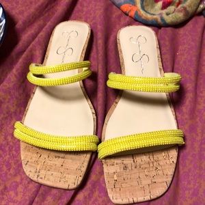 Jessica Simpson fluorescent yellow strap,  flat jeweled,  sandals, worn twice.